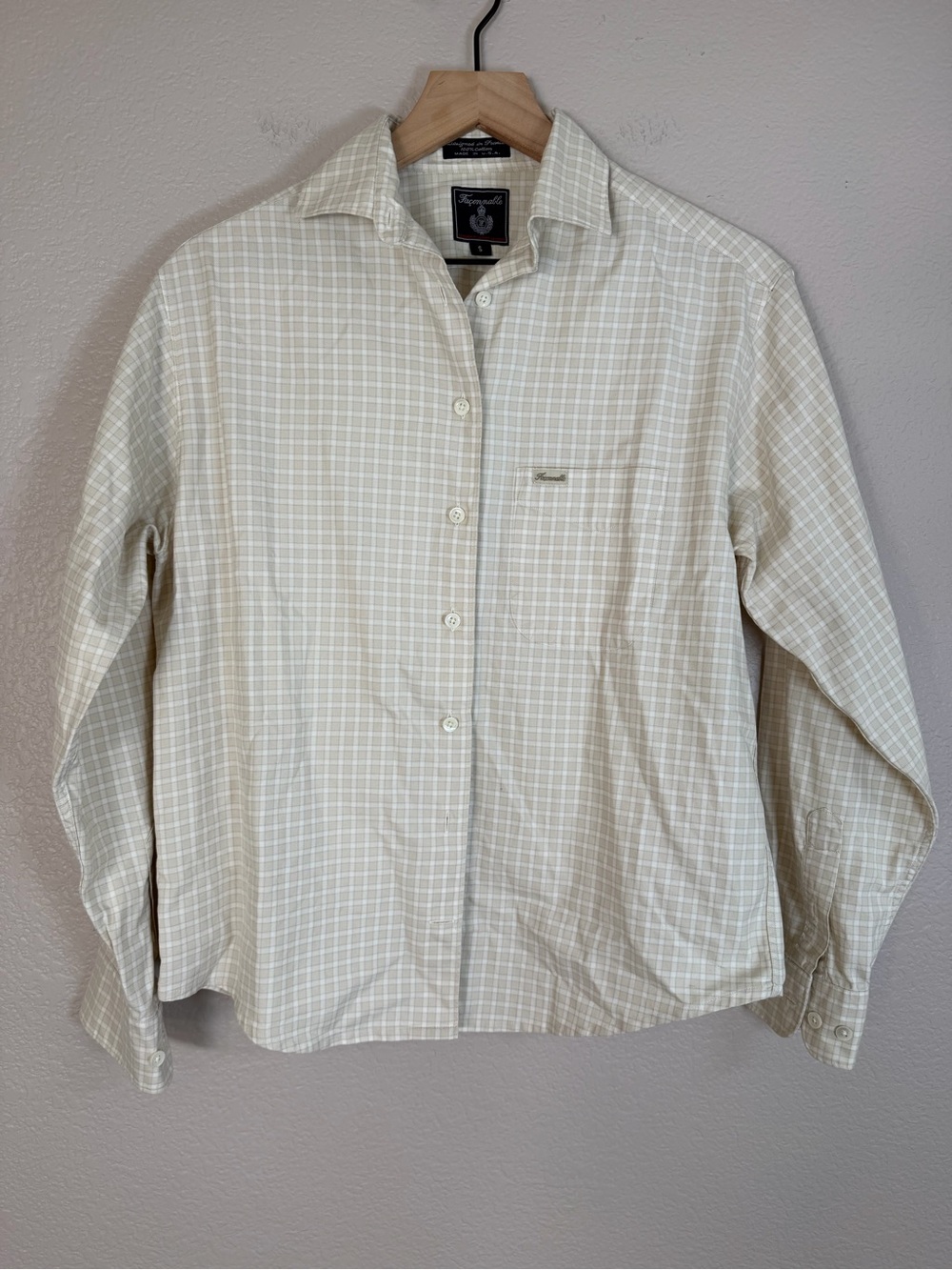 Faconnable Men’s Plaid Checkered Button Down Shirt Size Small Tan Beige Cotton